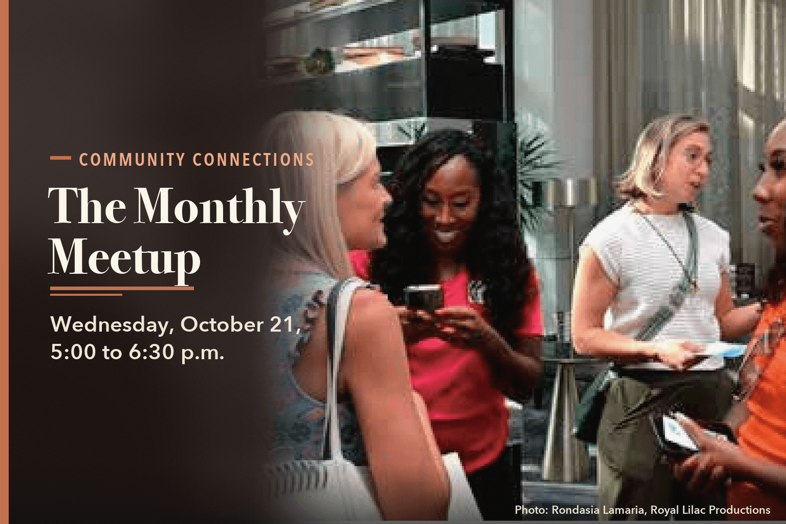 Local business owners in conversation at a hotel lobby bar, name tags on. Text reads: Community Connections. The Monthly Meetup. Wednesday, October 21, 5:00 to 6:30 p.m.