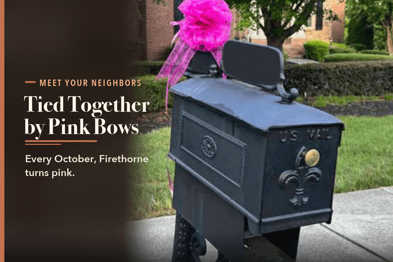A bright pink bow tied to a black mailbox on a Firethorne street, beside the words Meet Your Neighbors, Tied Together by Pink Bows, Every October, Firethorne turns pink.