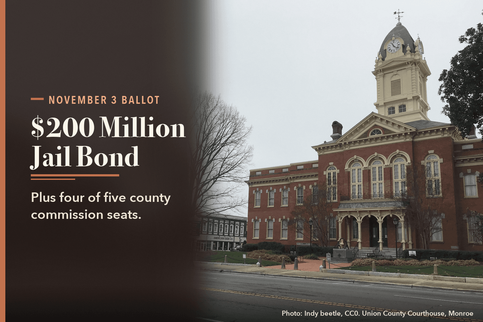 Card reading '$200 Million Jail Bond. Plus four of five county commission seats.' beside a photo of the red-brick Union County Courthouse in Monroe with its clock tower.